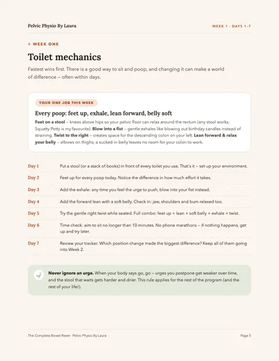 Interior page: week one, toilet mechanics day by day